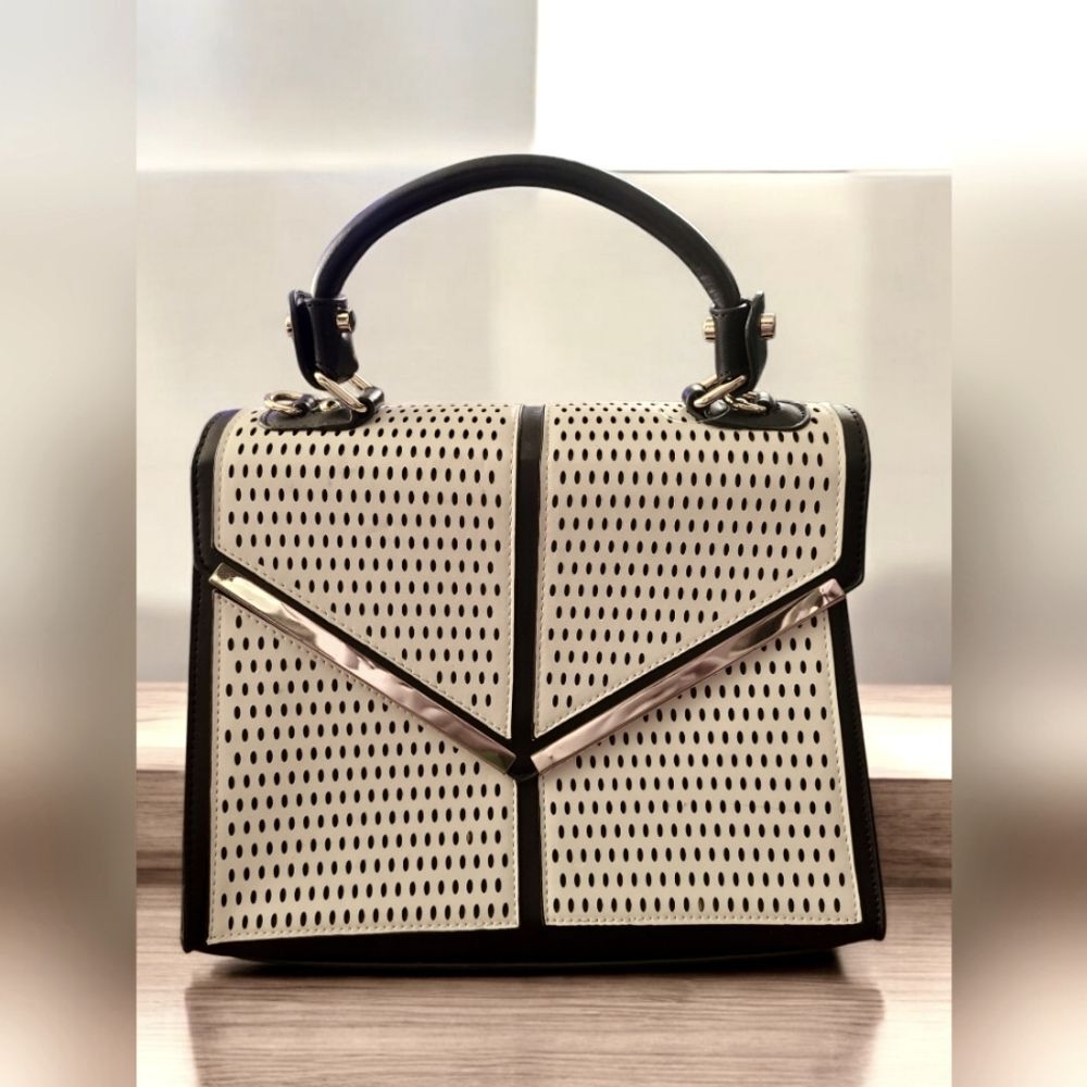 Galian Women's Perforated White  Leather Black Crossbody/Handbag Gold Tone Trim